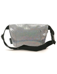 Silver holographic glitter ultra slim fanny pack with black adjustable strap and buckle for hands-free carrying