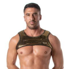 Gold metallic mesh glitter zipped harness with central zipper and visible brand tag on the front