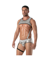 Shiny silver metallic harness-style bodysuit with black trim and adjustable straps from Glitter Zipped Harness collection