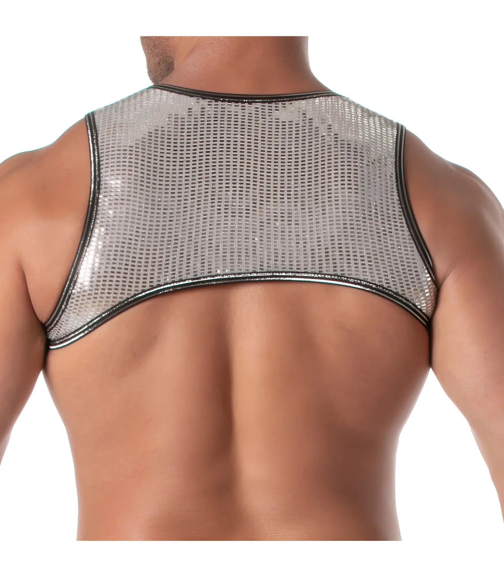 Silver mesh tank top with black trim featuring a glitter zipped harness detail