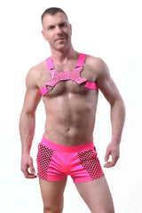 Glowtime shorts bright pink mesh shorts with solid pink waistband and matching shoulder straps front view