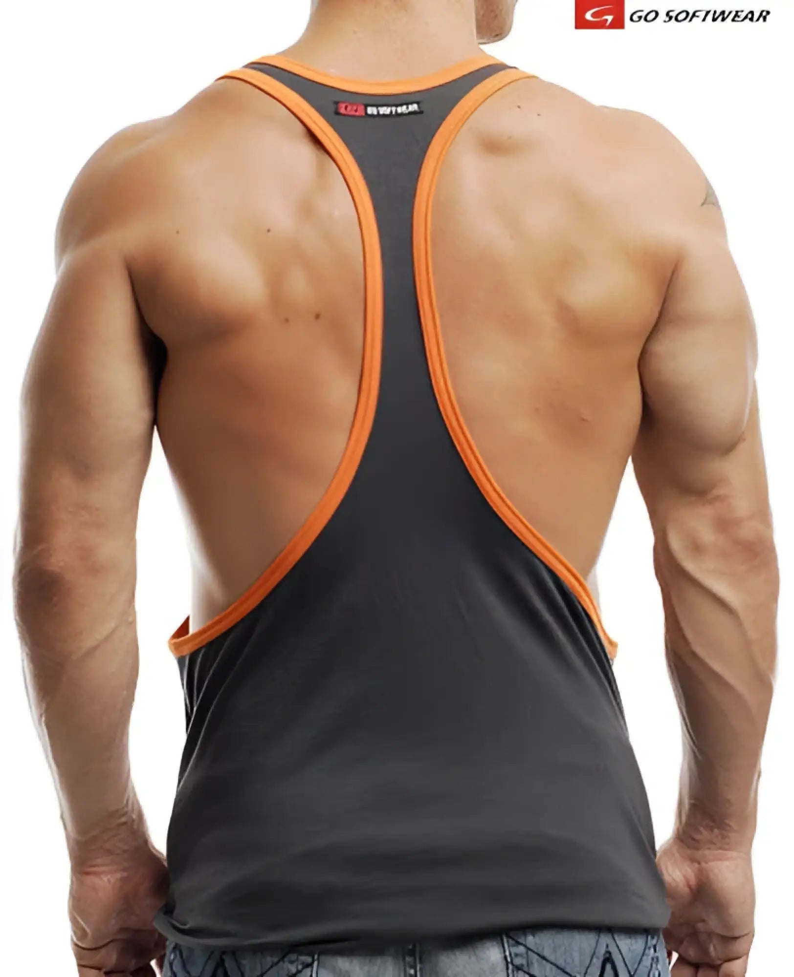 Go Softwear Active L A wash y back muscle tank top charcoal orange racerback with sleek athletic design back view