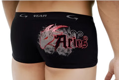 Black boxer briefs with distressed red and white aries graphic and stylized horns by go softwear astrology retro shorts capricorn