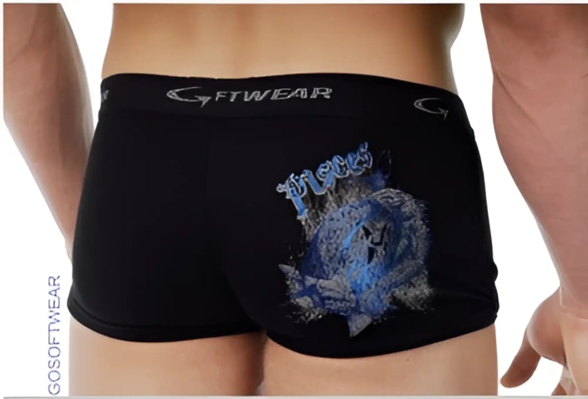 Black men’s briefs go softwear astrology retro shorts capricorn black with blue silver tiger graphic and g-fitwear waistband