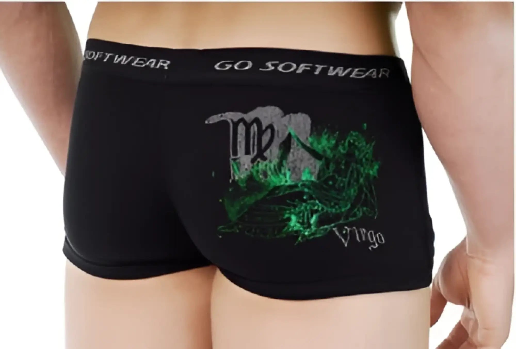 Black men’s briefs in black with green embroidered virgo zodiac sign and virgo printed below from go softwear astrology retro shorts