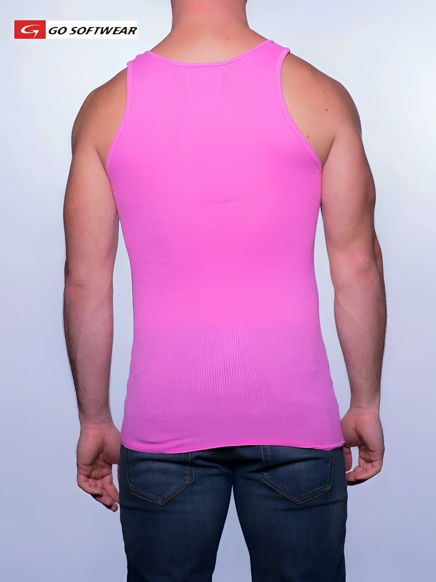 A vibrant deep pink ribbed tank top from Go Softwear made of soft fabric in size S perfect for casual wear