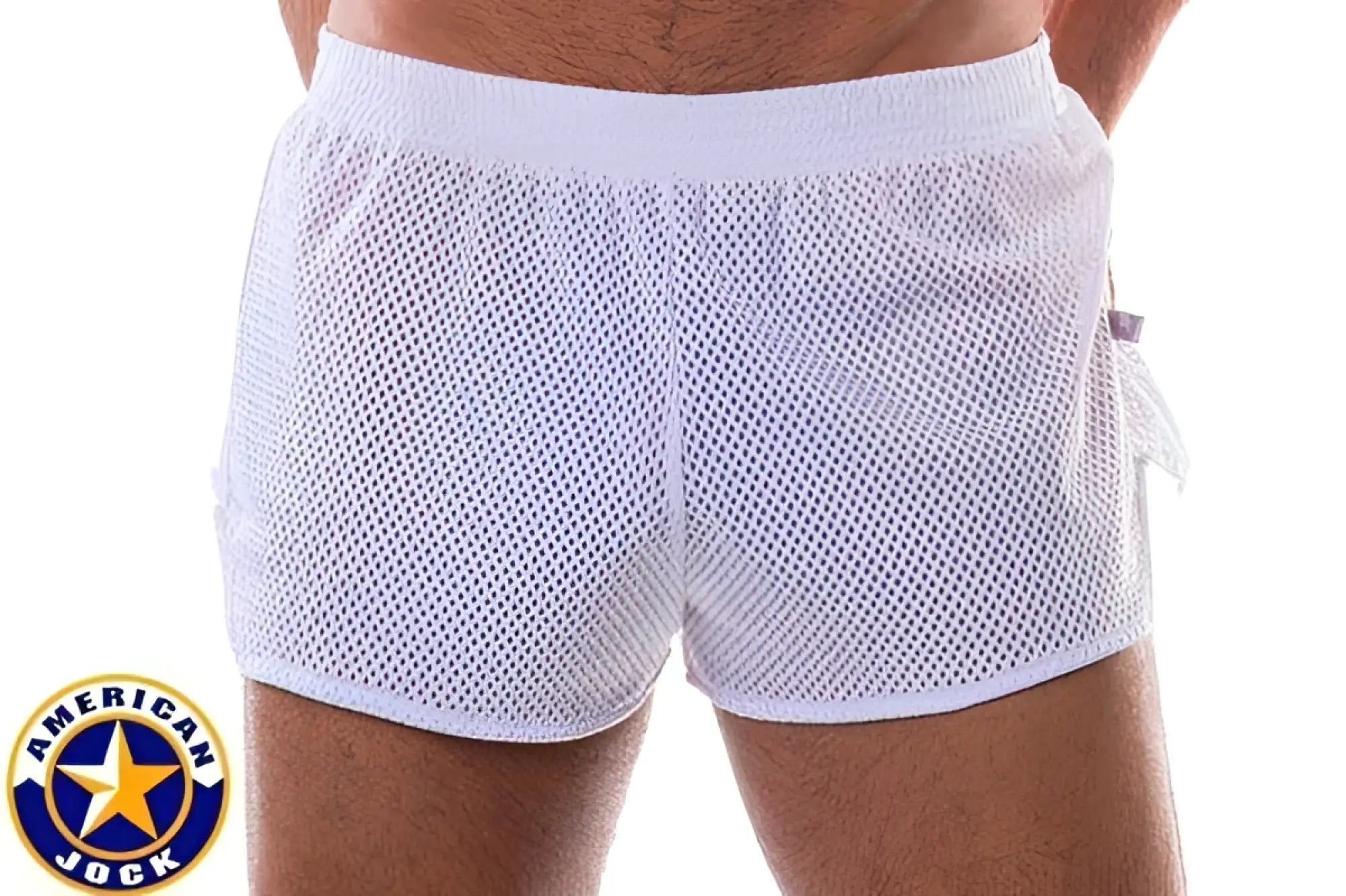 White mesh athletic shorts by go softwear aj sports with branded waistband logo size s