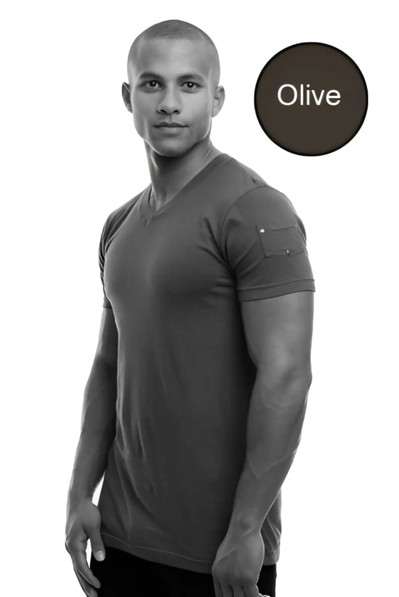Olive go softwear v neck short sleeved t shirt with a small patch pocket on the left sleeve size m