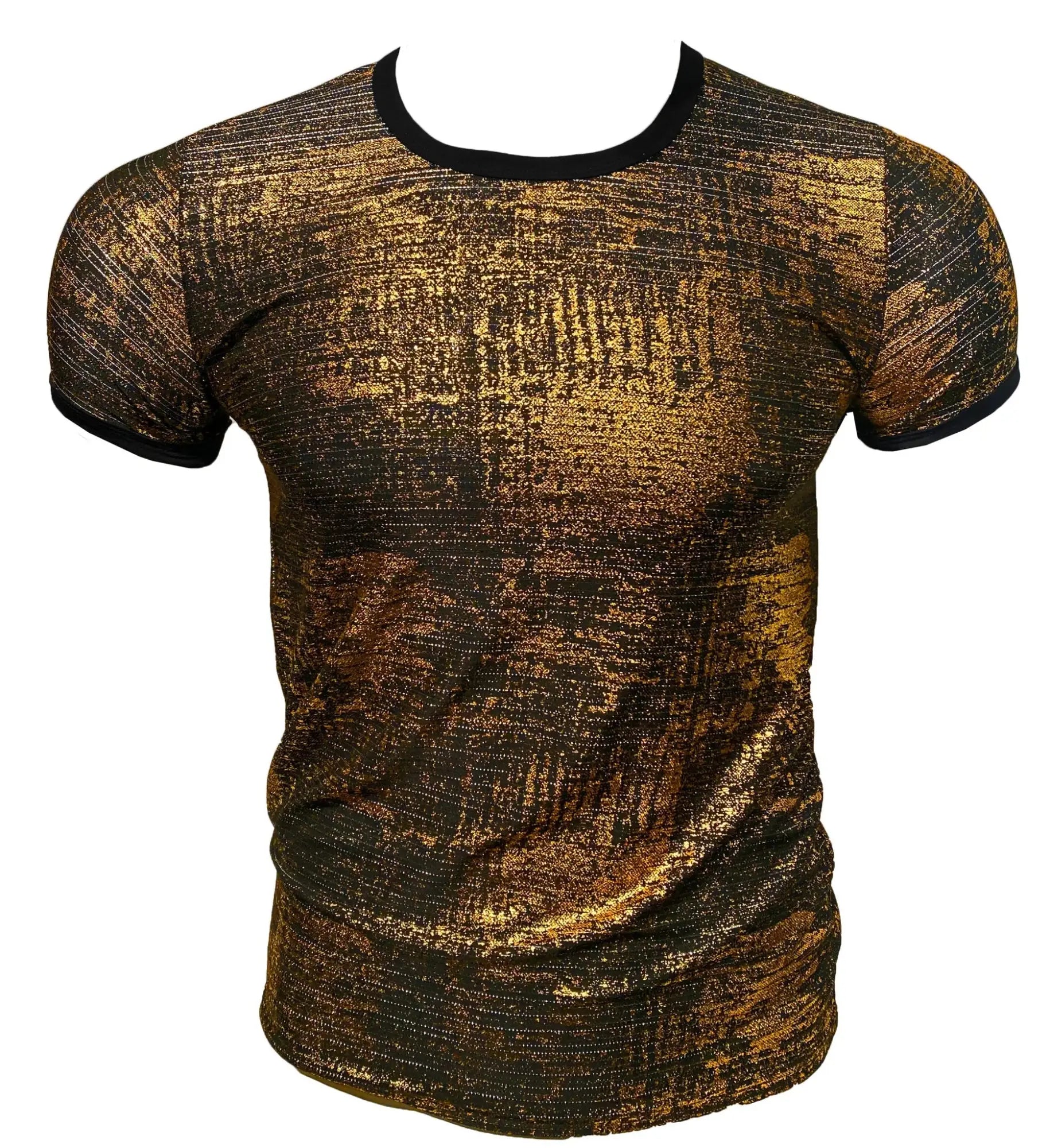 A shimmering gold and black textured short-sleeve tee with black ribbed neckline and sleeve cuffs gold leaf tee