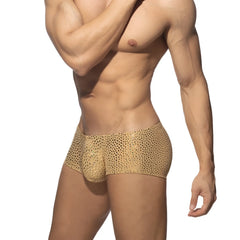 Gold Stones trunk gold leopard-print sequined briefs featuring shiny fabric and bold animal pattern design