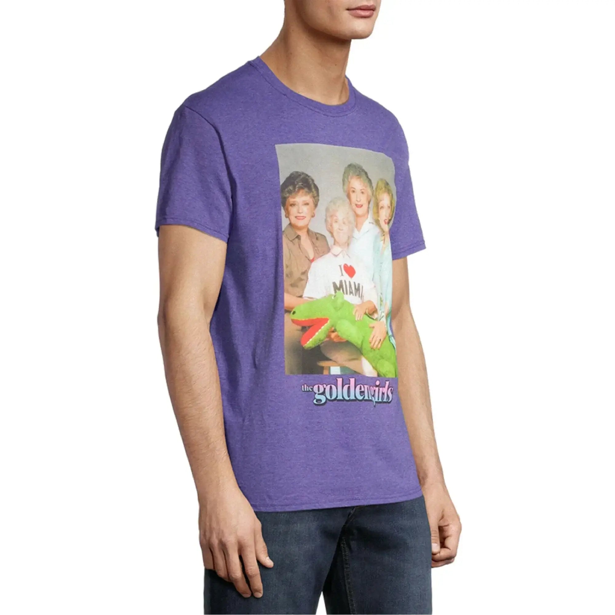 Purple heathered cotton t-shirt featuring a golden girls cast graphic with i heart miami and a green alligator print