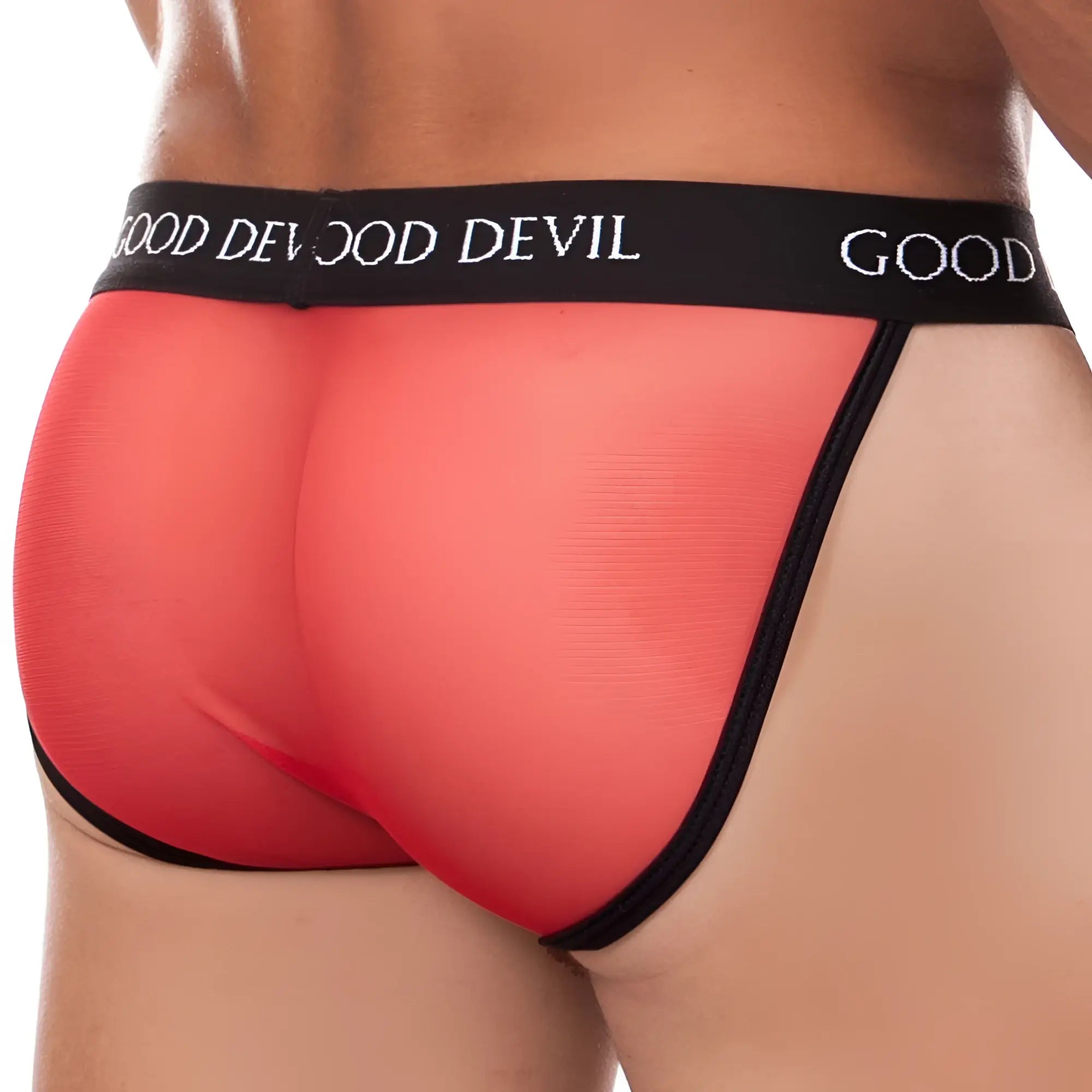 Red sheer mesh Good Devil GD6034 briefs with black elastic waistband and trim featuring white branding