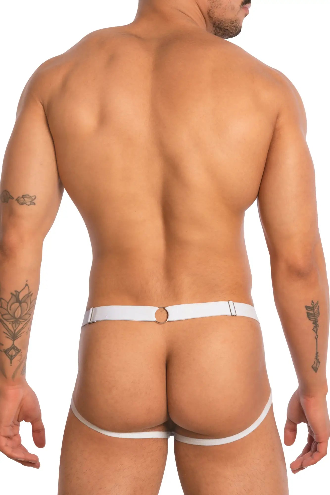 White leather thong jockstrap with a central circular ring and adjustable side straps good devil gdc0513