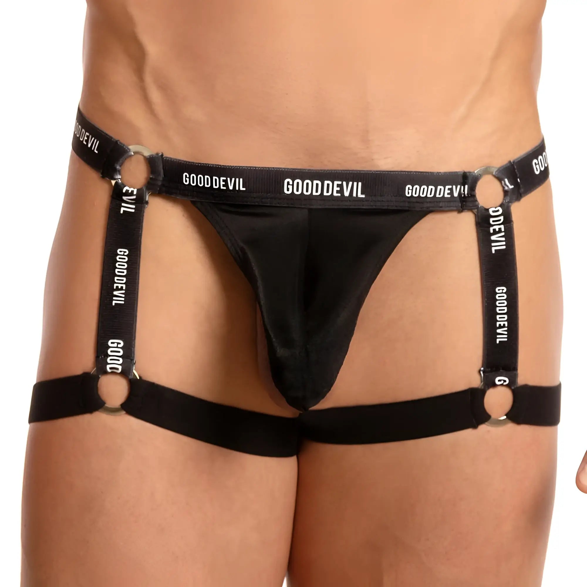 Black good devil GDE040 jockstrap harness briefs with satin fabric and adjustable straps featuring the gooddevil logo