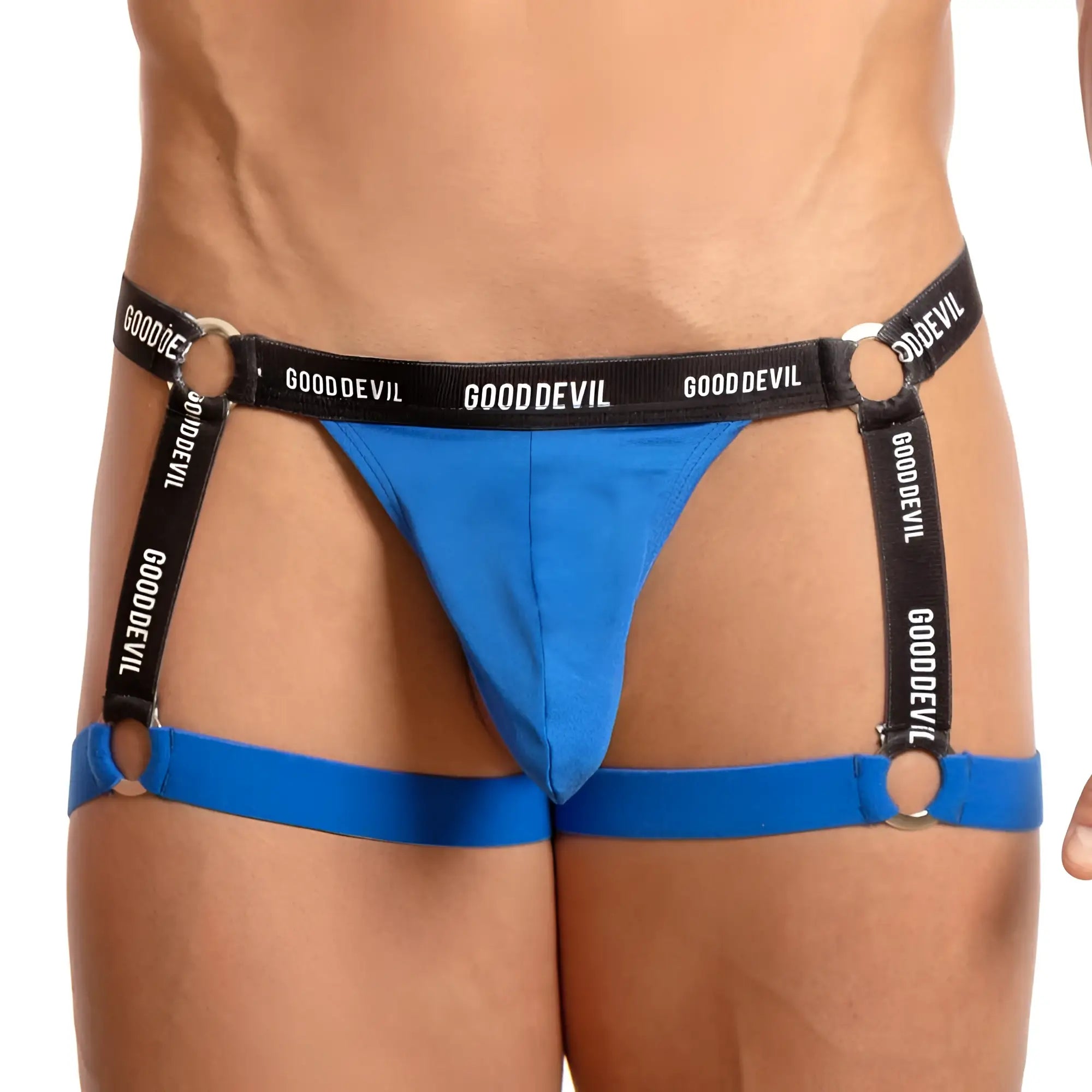 Blue good devil brand briefs jockstrap with black elastic straps and metal rings for support and style