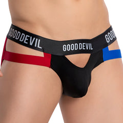 Good Devil GDE067 jockstrap briefs in black with red and blue side panels designed for active support