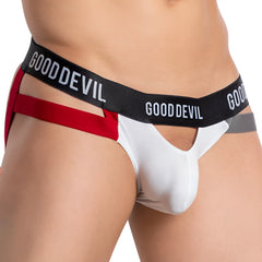 Good devil gde067 jockstrap in white and red with black waistband featuring gooddevil logo in white lettering