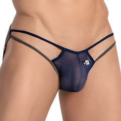 Navy blue sheer mesh thong with dark gray side straps and a white good devil brand tag visible on the front