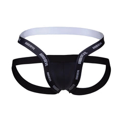 Black Good Devil GDE074 jockstrap menâ€™s briefs with white elastic waistband and branded straps front view