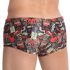 Black good devil gdh011 boxer trunk swim trunks with bold comic book style red and white bang boom print and cartoon figures
