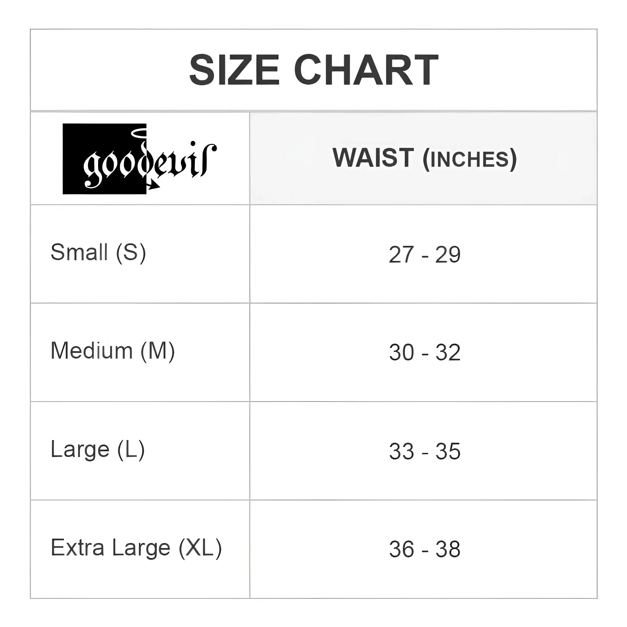 Good devil gdi018 bikini size chart showing waist measurements for small to extra large sizes