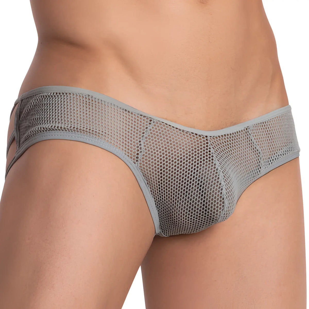Good Devil GDI022 brief gray mesh with solid gray waistband and side straps breathable underwear design