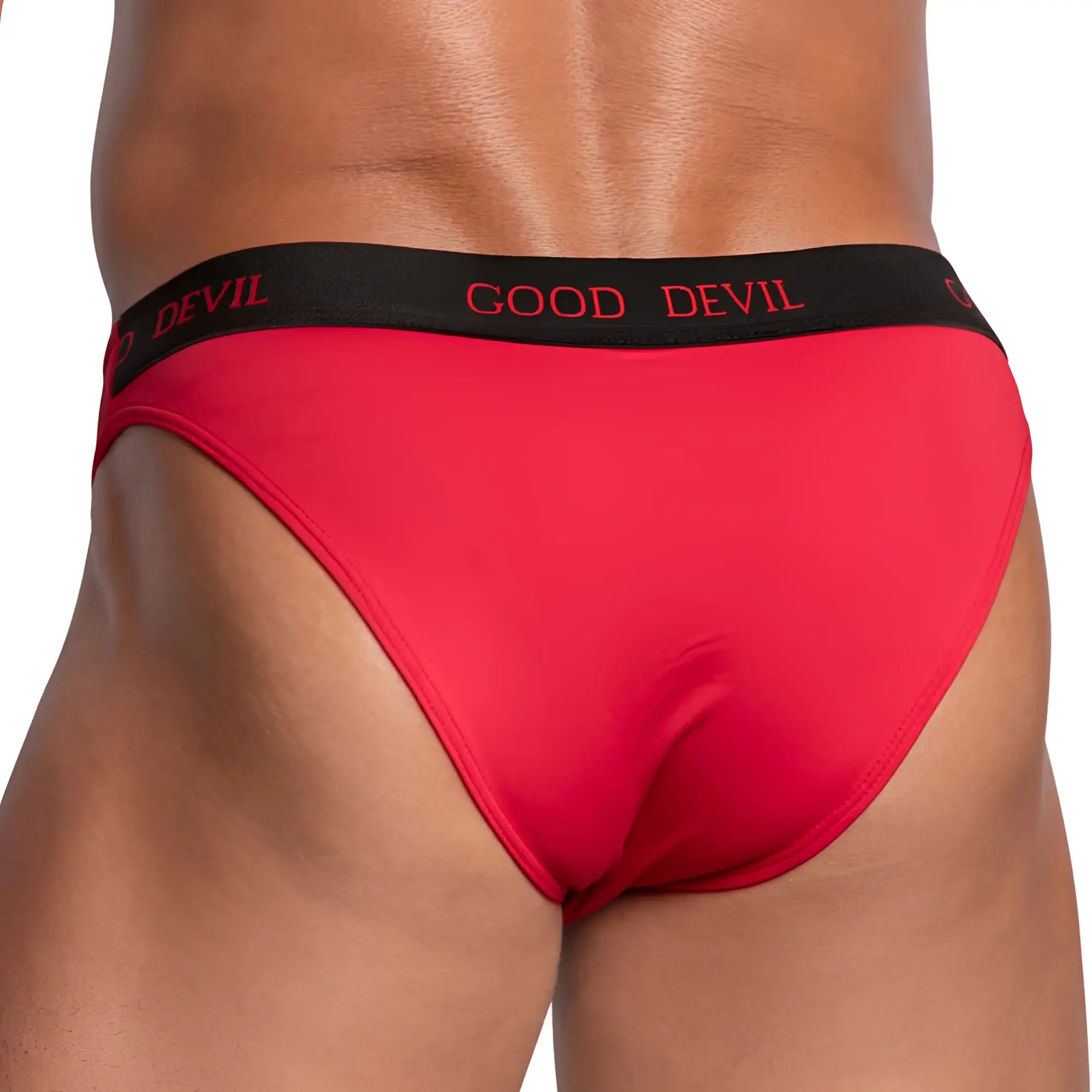 Red good devil gdi031 bikini brief with black waistband featuring red lettering and comfortable fabric for everyday wear