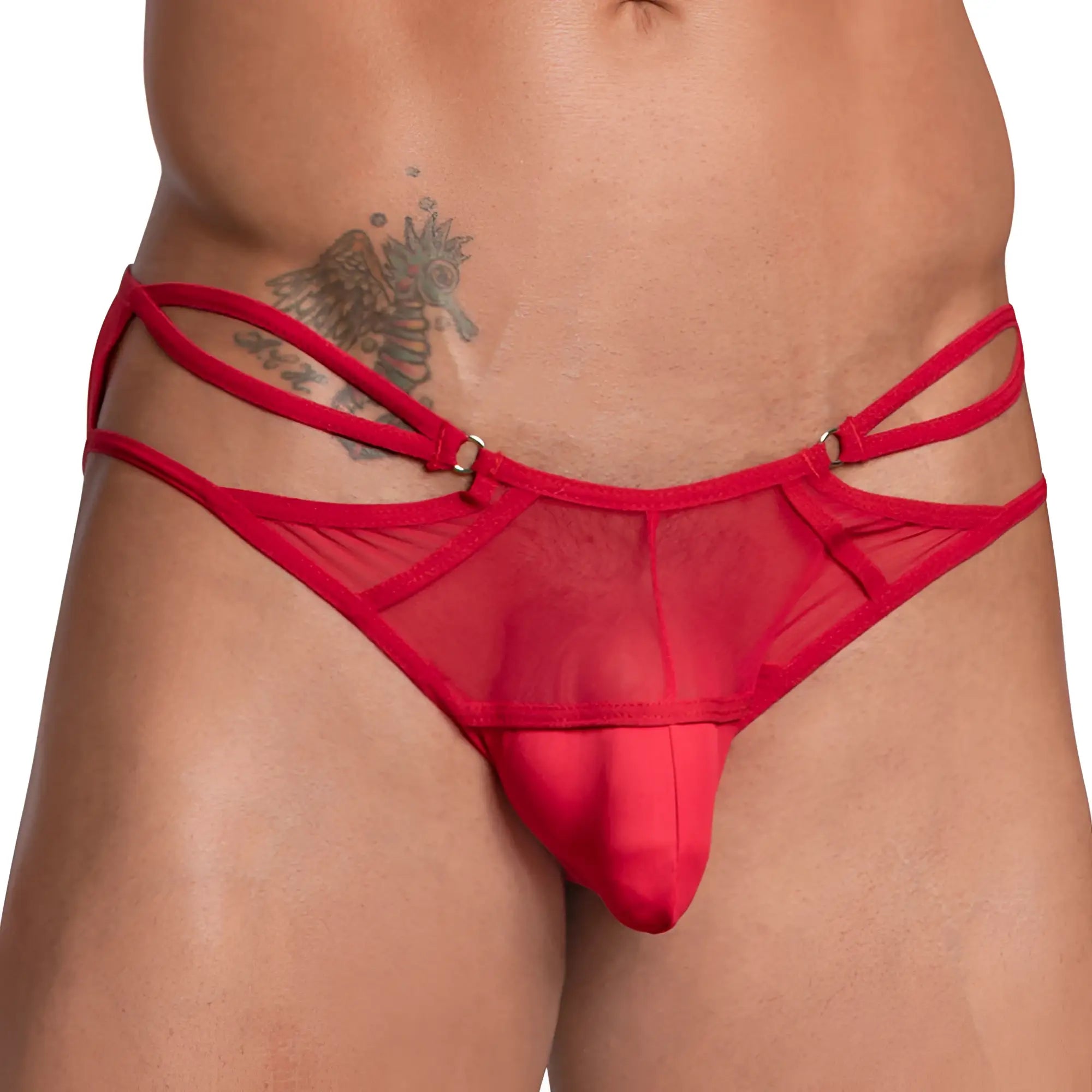 Good devil GDI033 bikini brief red sheer mesh thong with multiple thin straps and solid front panel