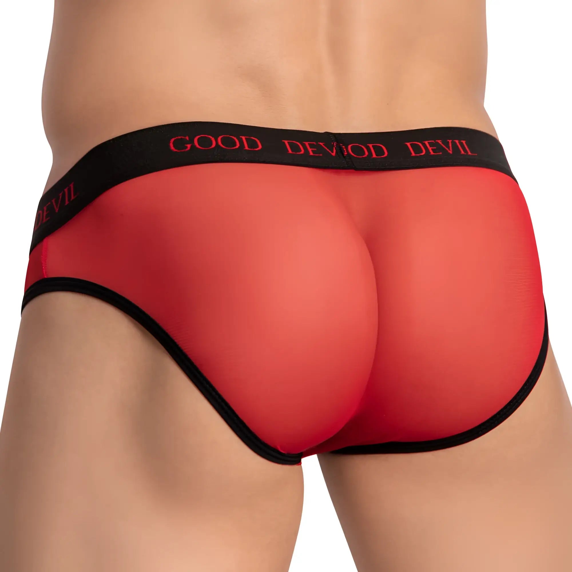 Good Devil GDI038 bikini brief in red mesh with black trim and Good Devil branded waistband front view