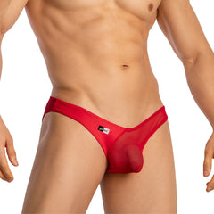 Red sheer mesh briefs with a black and white good devil gdj019 brand tag visible on the front side