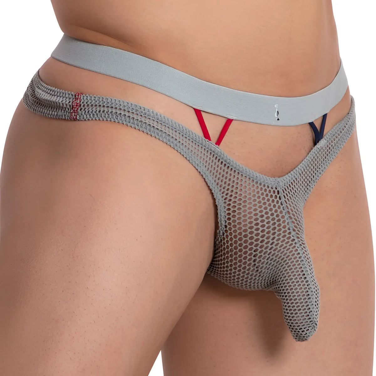 Good devil gdk058 thong in gray mesh with solid gray waistband and red navy blue accent straps shown from back