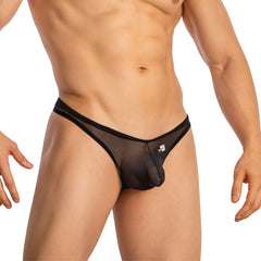 Good Devil GDK069 black sheer mesh thong with solid black waistband and small logo on the front