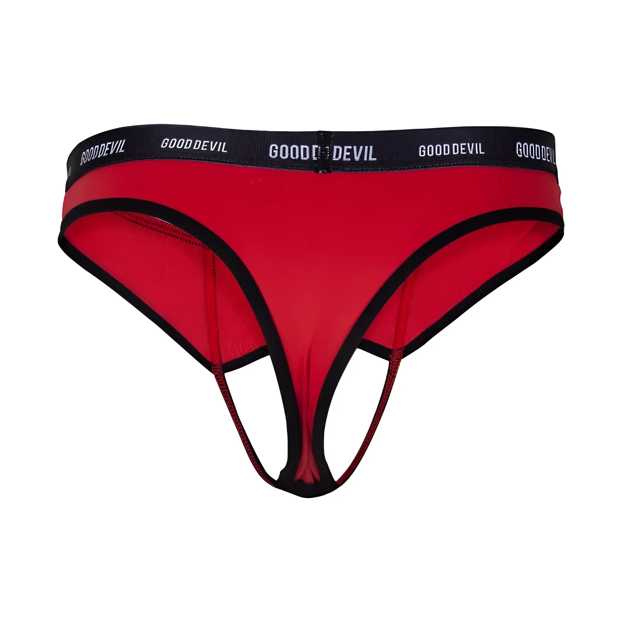 Red good devil GDK071 thong with black trim and waistband showing front side design and detailing