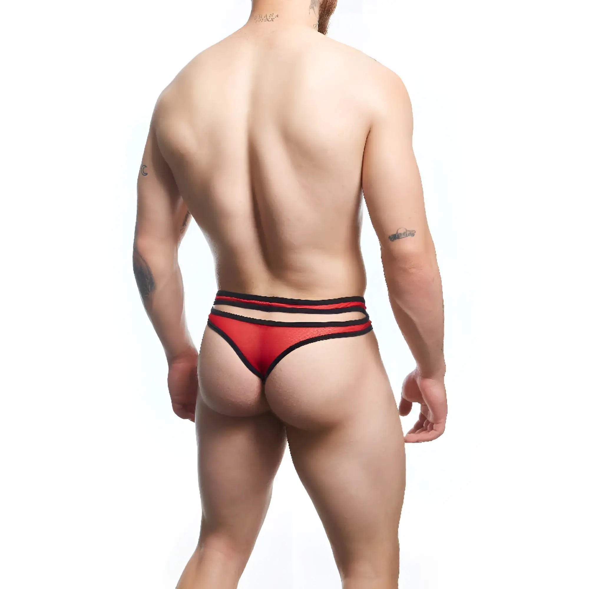 Good Devil GDK072 thong in red and black stripes with sheer mesh fabric showing the back side design
