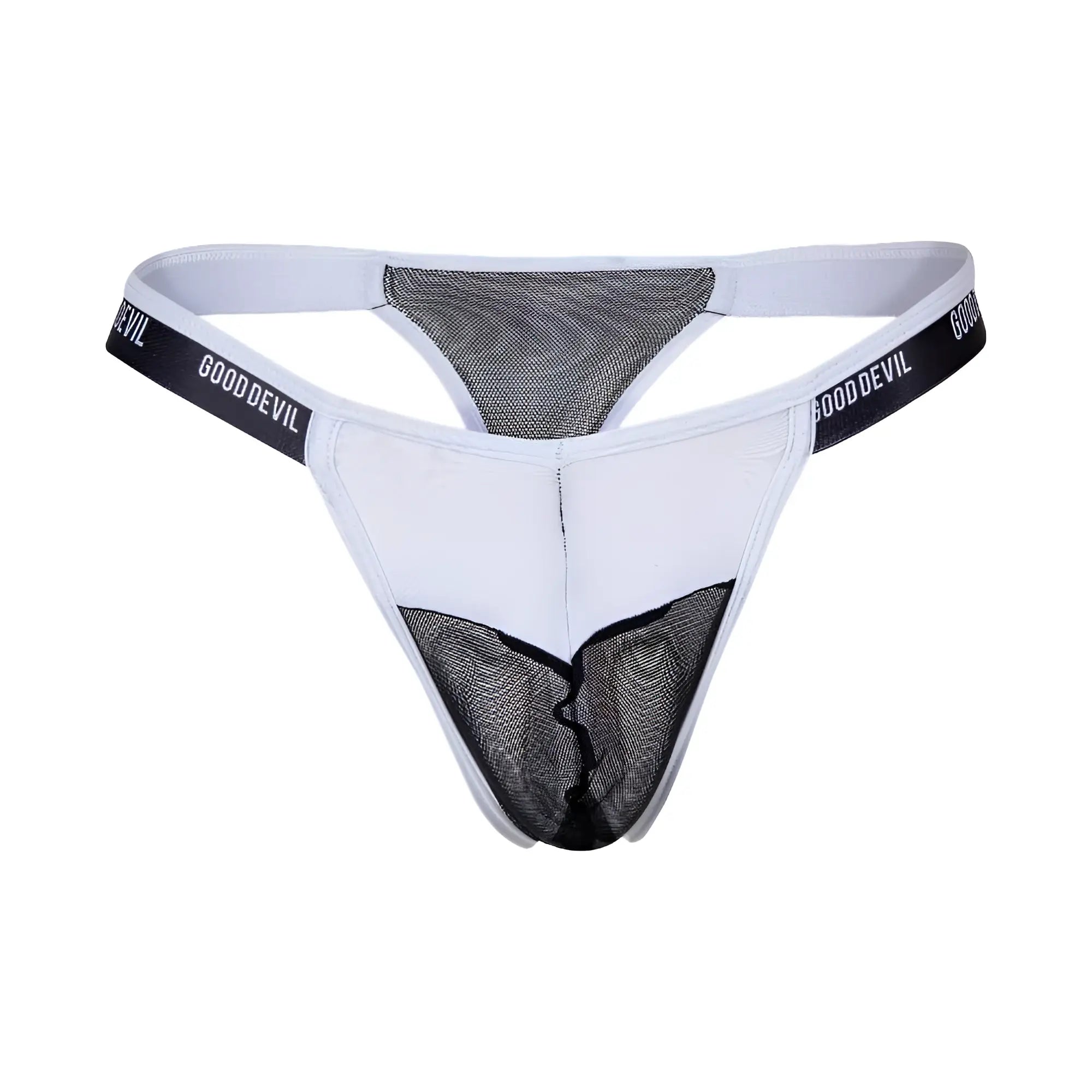 White and black mesh thong with gooddevil branding on waistband from good devil gdk073 collection