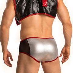 Silver and black metallic briefs with red trim from good devil gdt002 set showing front view
