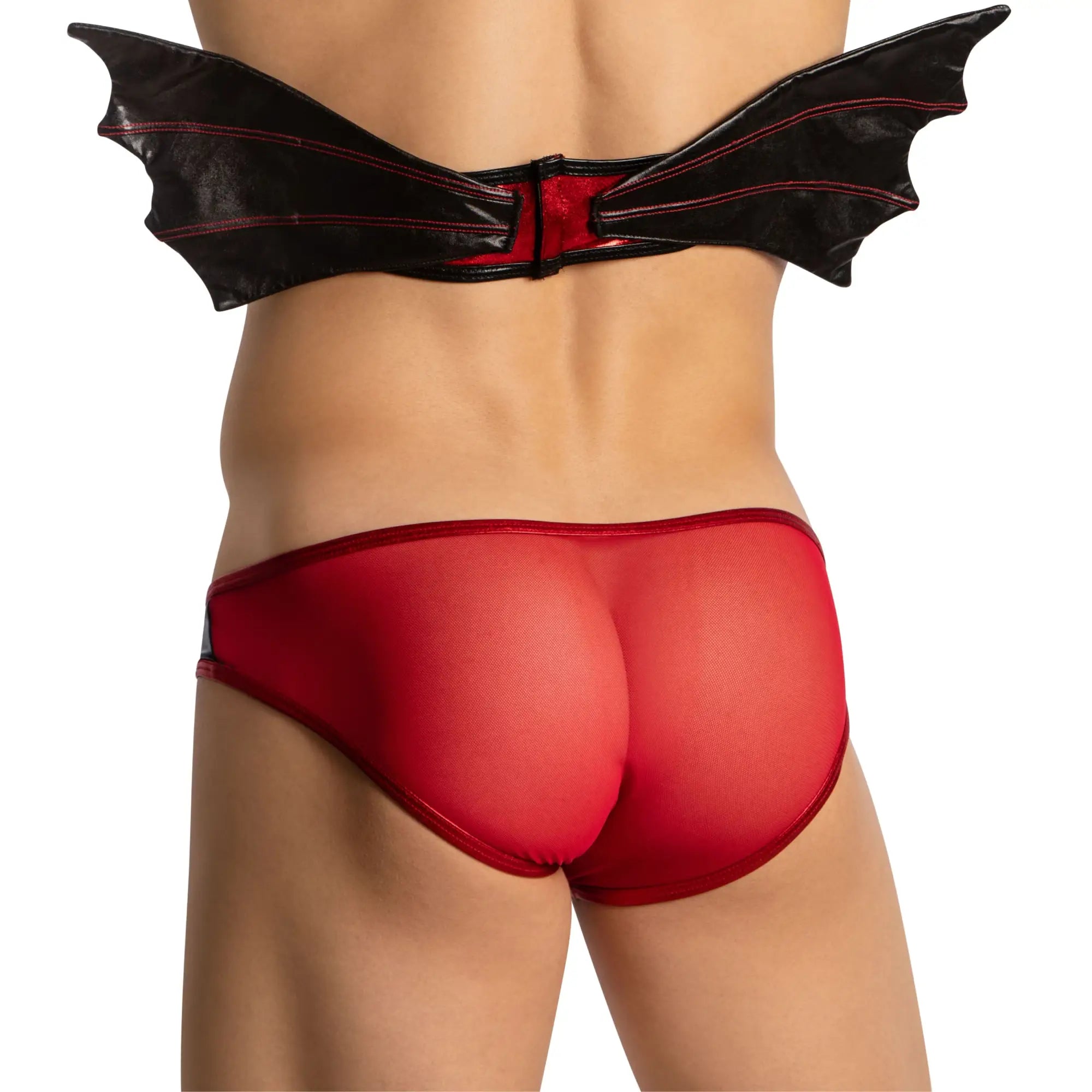 Red mesh briefs with black bat wings attached at the waistband from good devil gdt003 set
