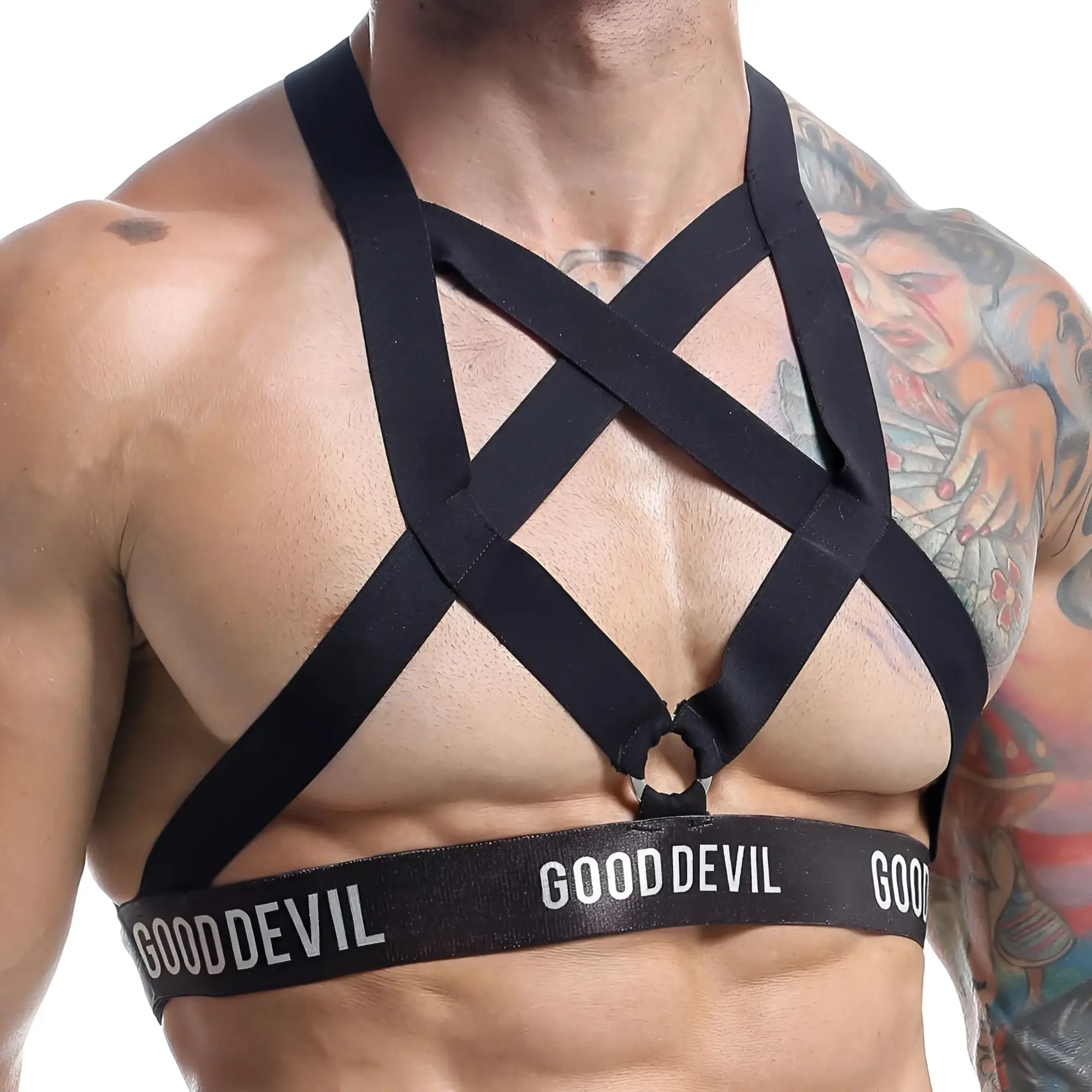 Black good devil gdu012 accessory harness with crisscross straps and white lettering waistband shown from the back