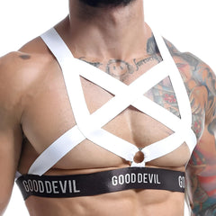 White strappy harness with black gooddevil waistband designed as a stylish accessory from good devil gdu012 collection
