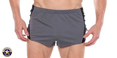 Men's gray and black sprint shorts with elastic waistband worn by a model showing front view by American Jock