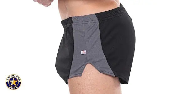 AMERICAN JOCK men's sprint shorts in black and gray with elastic waistband and small logo patch on side panel