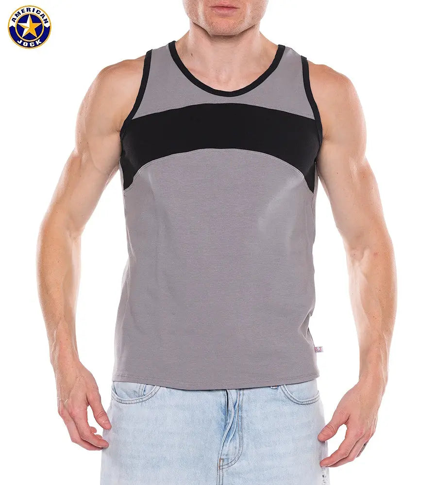 Men's sleeveless tank top in gray with black chest panel and trim worn by a model from American Jock