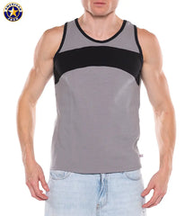 Men's sleeveless tank top in gray with black chest panel and trim worn by a model from American Jock