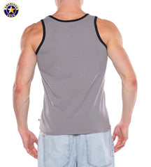Back view of a man wearing a gray tank top with black trim and light blue denim shorts by AMERICAN JOCK
