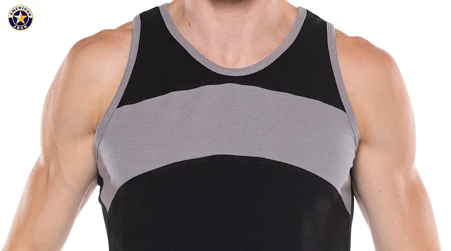 Men's sleeveless tank top with black and gray color block design crew neck fitted style by AMERICAN JOCK