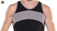 Men's sleeveless tank top with black and gray color block design crew neck fitted style by AMERICAN JOCK