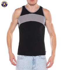 Men's sleeveless tank top in black and gray color block design worn by a model with light blue jeans by AMERICAN JOCK