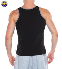 Back view of a man wearing a black tank top with gray trim and light blue denim shorts by AMERICAN JOCK