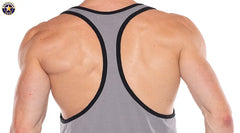 Back view of a man wearing a gray racerback tank top with black trim from American Jock showing muscular shoulders and upper back
