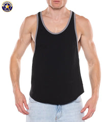 Men's black tank top with gray trim on neckline and armholes worn by a male model with light blue jeans by AMERICAN JOCK